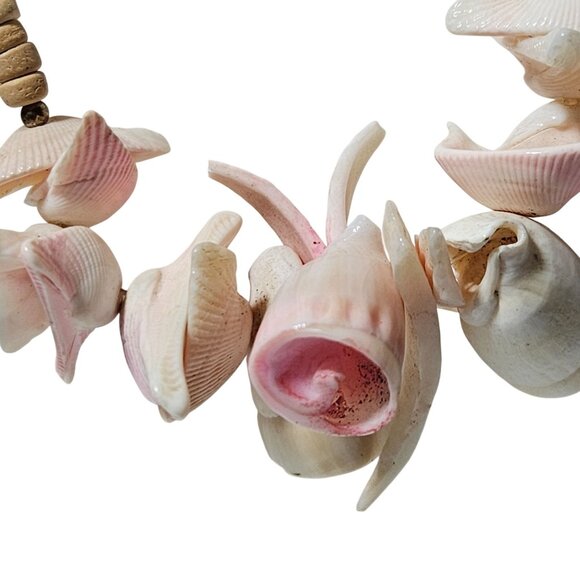 Vintage Hawaiian Shell Necklace Wood Beads Beach Core Seashell Fashion Jewelry - Picture 2 of 7